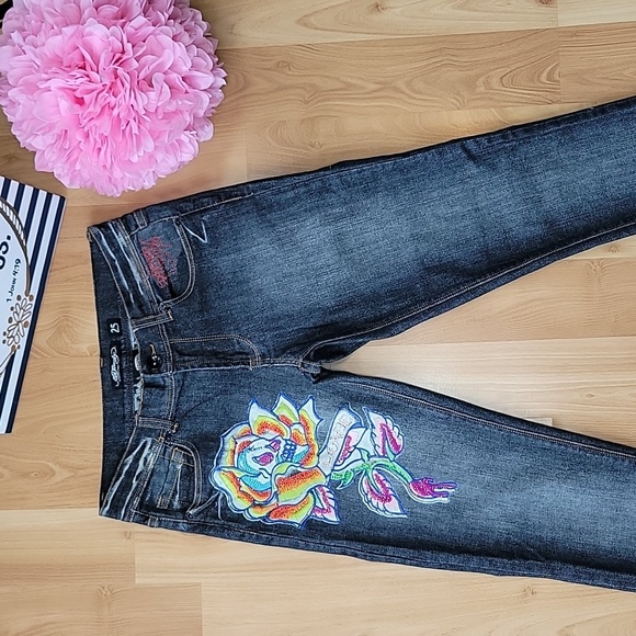 Ed Hardy by Christian Audigier Embroidered Tattoo Raw Hem Jeans - Picture 3 of 12